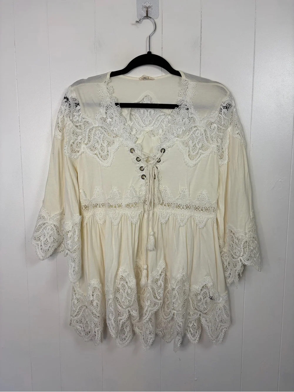 POL Crochet Bell Sleeve Boho Lace Up Peasant Top size small Summer Bohemian 70s - Picture 3 of 13
